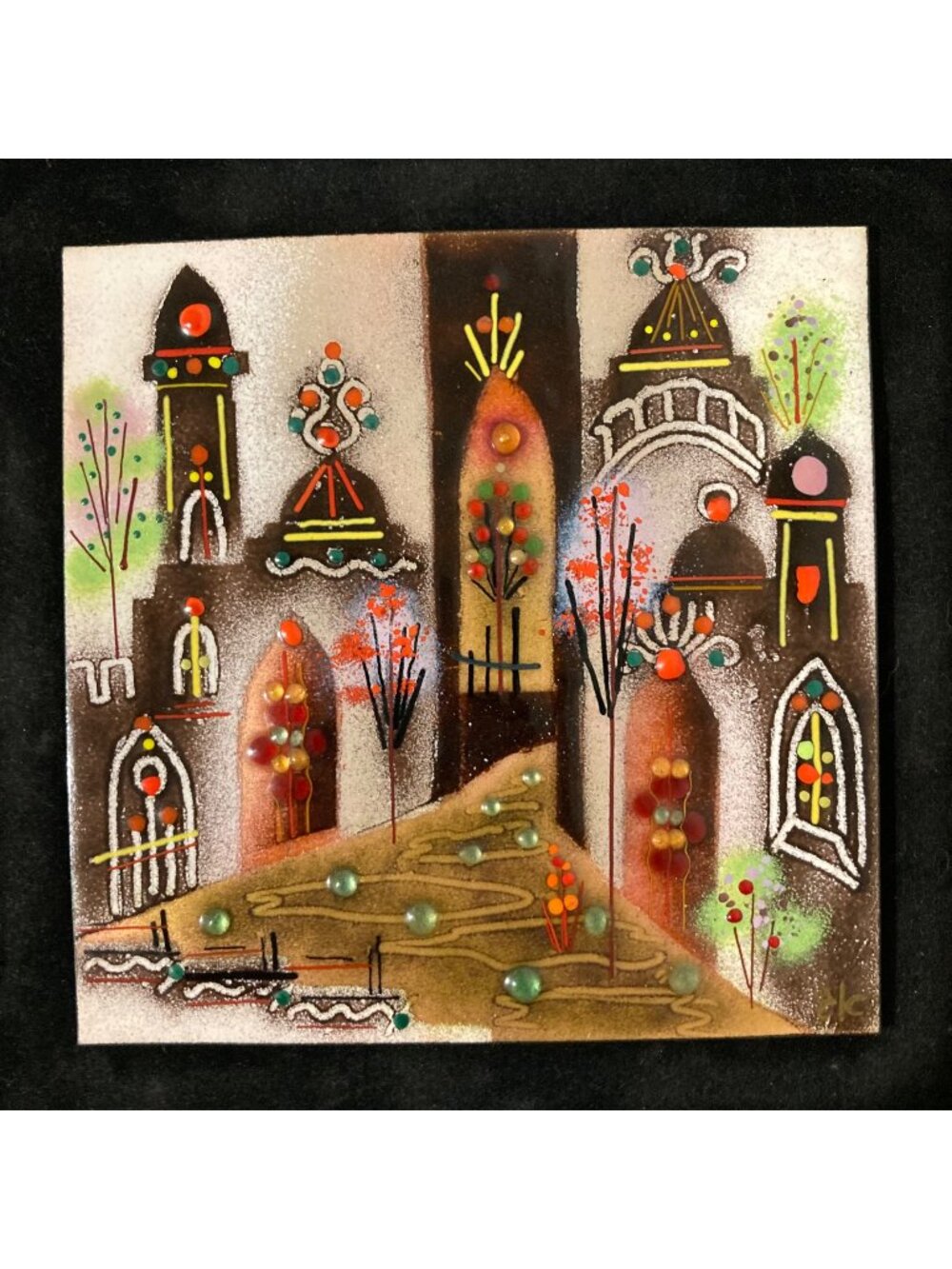 Agi Vardi Enamel on Copper Wall Framed Cityscape Israel Kibbutz Mid Century Mod